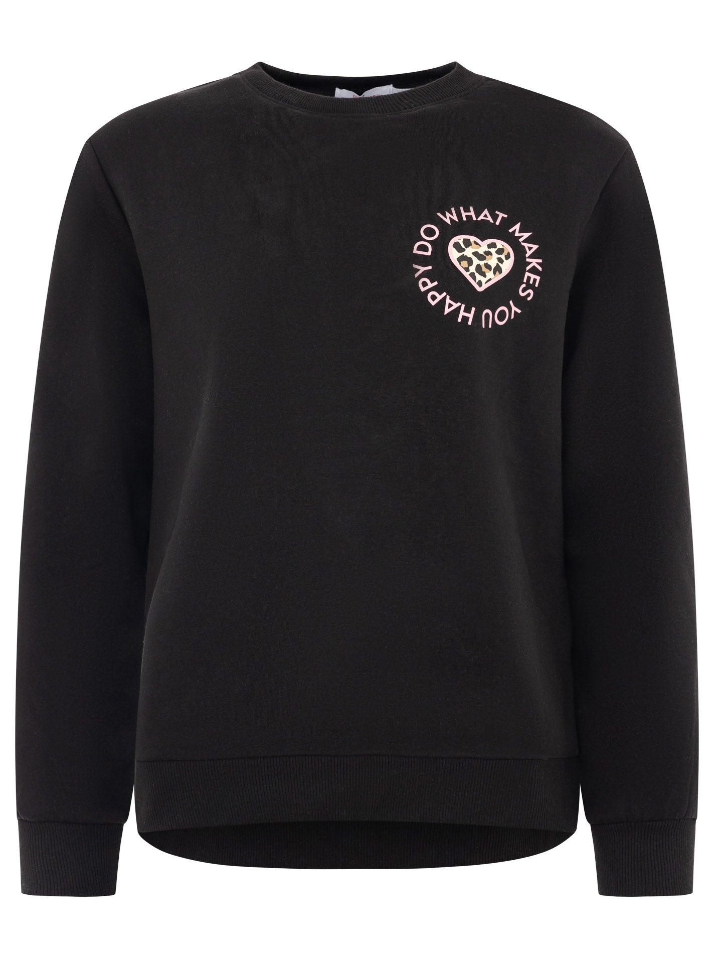 Zwillingsherz Sweatshirt Happy Leo Lettering in Schwarz – Frontansicht