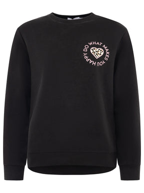 Zwillingsherz Sweatshirt Happy Leo Lettering in Schwarz – Frontansicht