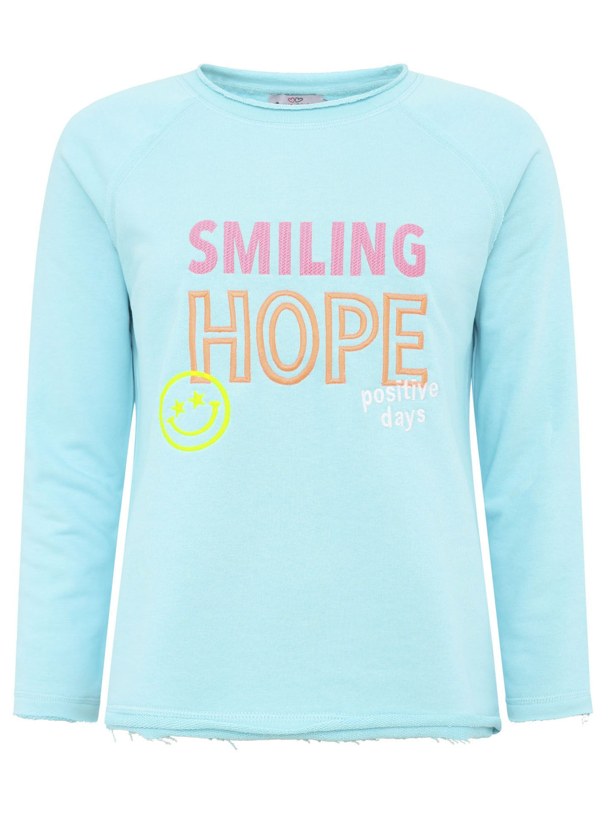 Zwillingsherz Sweatshirt in Hellblau mit Aufschrift Smiling Hope Happiness