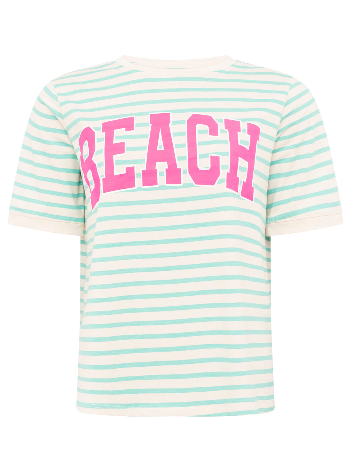 Zwillingsherz Damen T-Shirt mit Streifen und Beach-Aufdruck in Grün/Pink, Vorderansicht