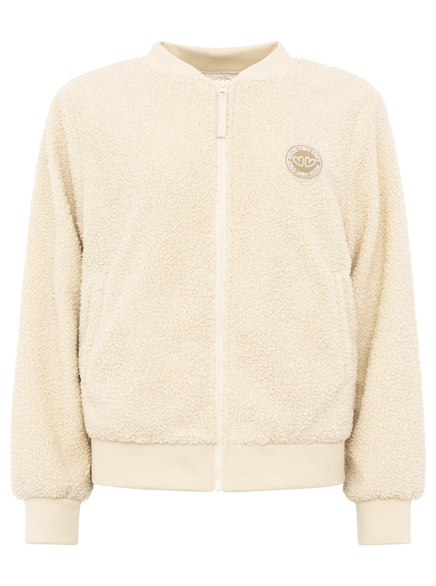 Zwillingsherz Teddy-Bomberjacke „Good Vibes“ Creme/Hellbeige – Frontansicht, weiches Teddy-Material, Reißverschluss, seitliche Taschen.