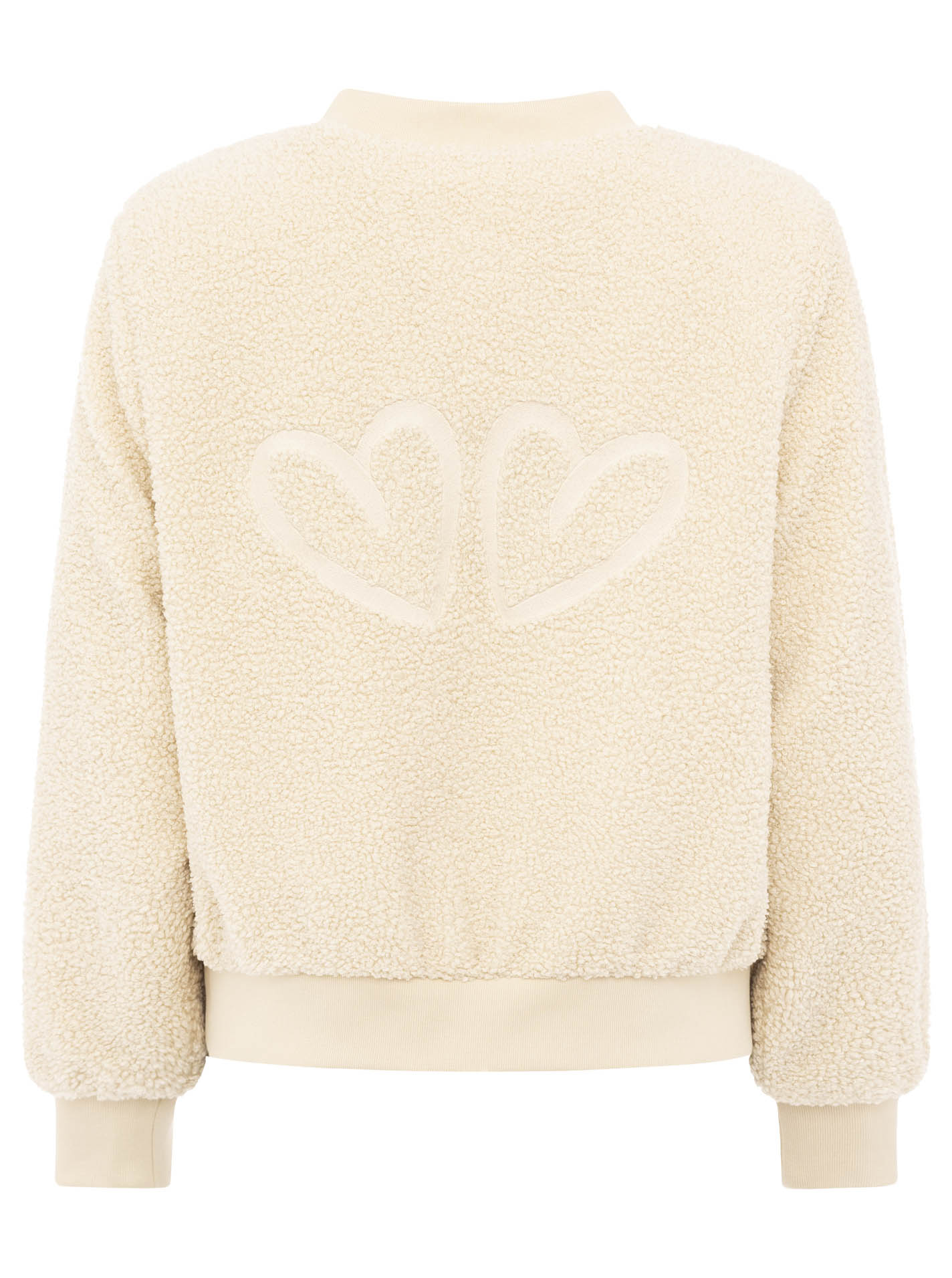 Zwillingsherz Teddy-Bomberjacke „Good Vibes“ Creme/Hellbeige – Kragen- und Rückansicht, flauschige Struktur, cleanes Design.