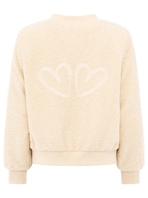 Zwillingsherz Teddy-Bomberjacke „Good Vibes“ Creme/Hellbeige – Kragen- und Rückansicht, flauschige Struktur, cleanes Design.