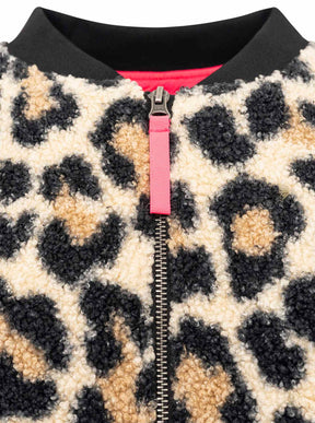 Zwillingsherz Teddy-Bomberjacke Leopard Beige/Schwarz – Kragenansicht, Teddyfell-Kragen, Leo-Detail.