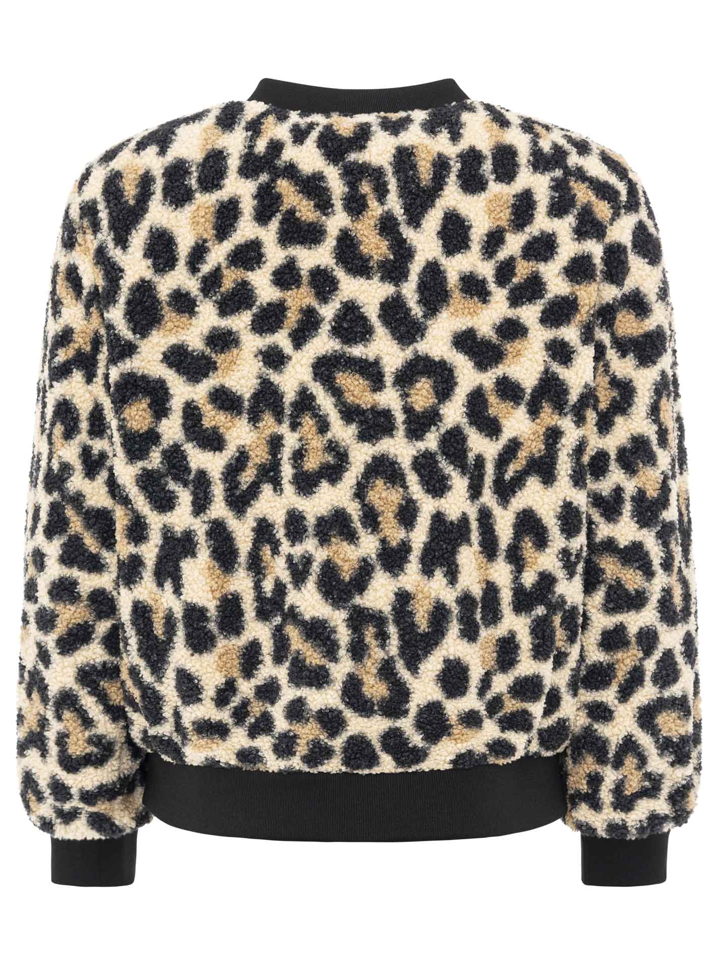 Zwillingsherz Teddy-Bomberjacke Leopard Beige/Schwarz – Rückansicht, markantes Leo-Muster, weiches Teddyfell, gerippte Bündchen.