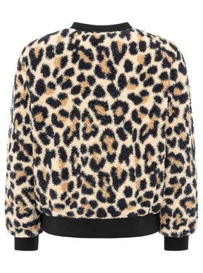 Zwillingsherz Teddy-Bomberjacke Leopard Beige/Schwarz – Rückansicht, markantes Leo-Muster, weiches Teddyfell, gerippte Bündchen.