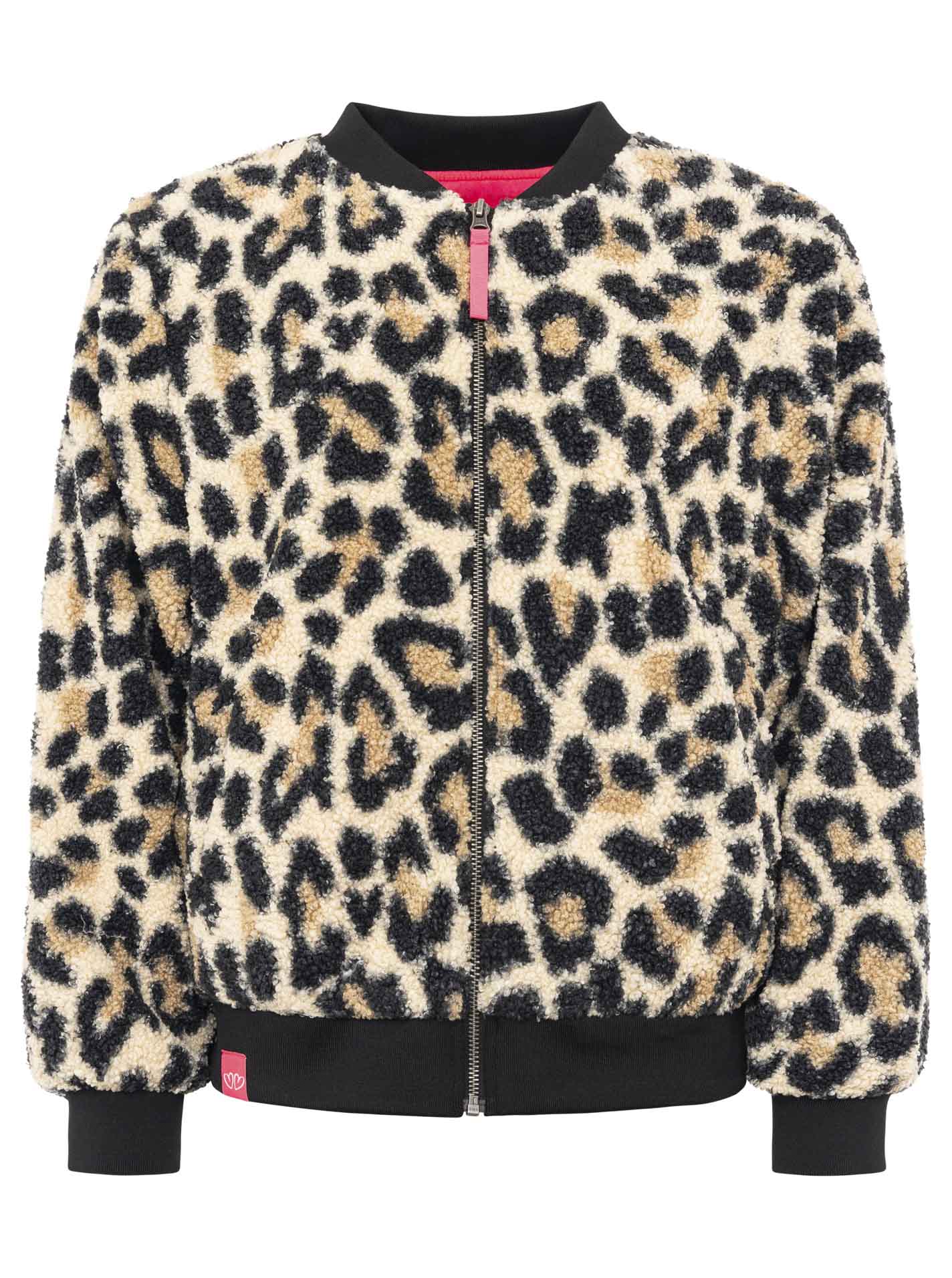 Zwillingsherz Teddy-Bomberjacke Leopard Beige/Schwarz – Frontansicht, weiches Teddyfell, durchgehender Reißverschluss, seitliche Taschen.