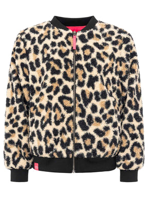 Zwillingsherz Teddy-Bomberjacke Leopard Beige/Schwarz – Frontansicht, weiches Teddyfell, durchgehender Reißverschluss, seitliche Taschen.