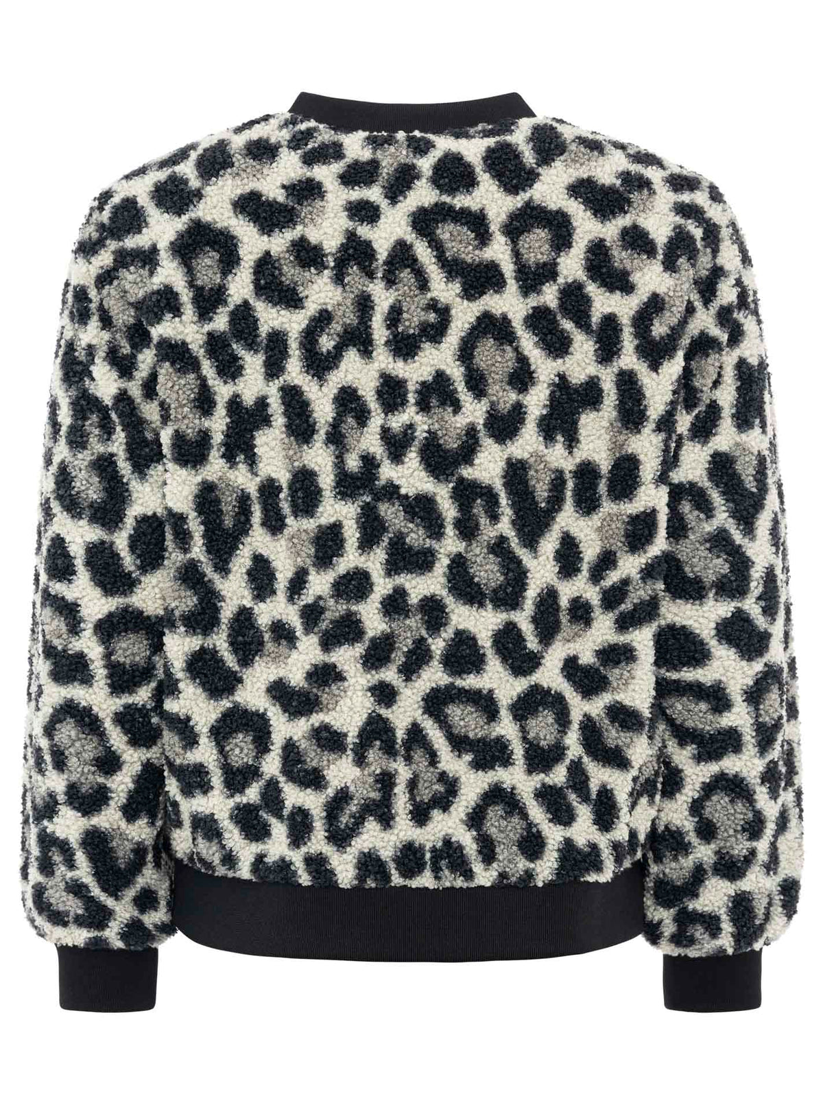 Zwillingsherz Teddy-Bomberjacke Leopard Grau/Schwarz – Rückansicht, Leo-Muster, weiches Teddyfell, gerippte Bündchen.