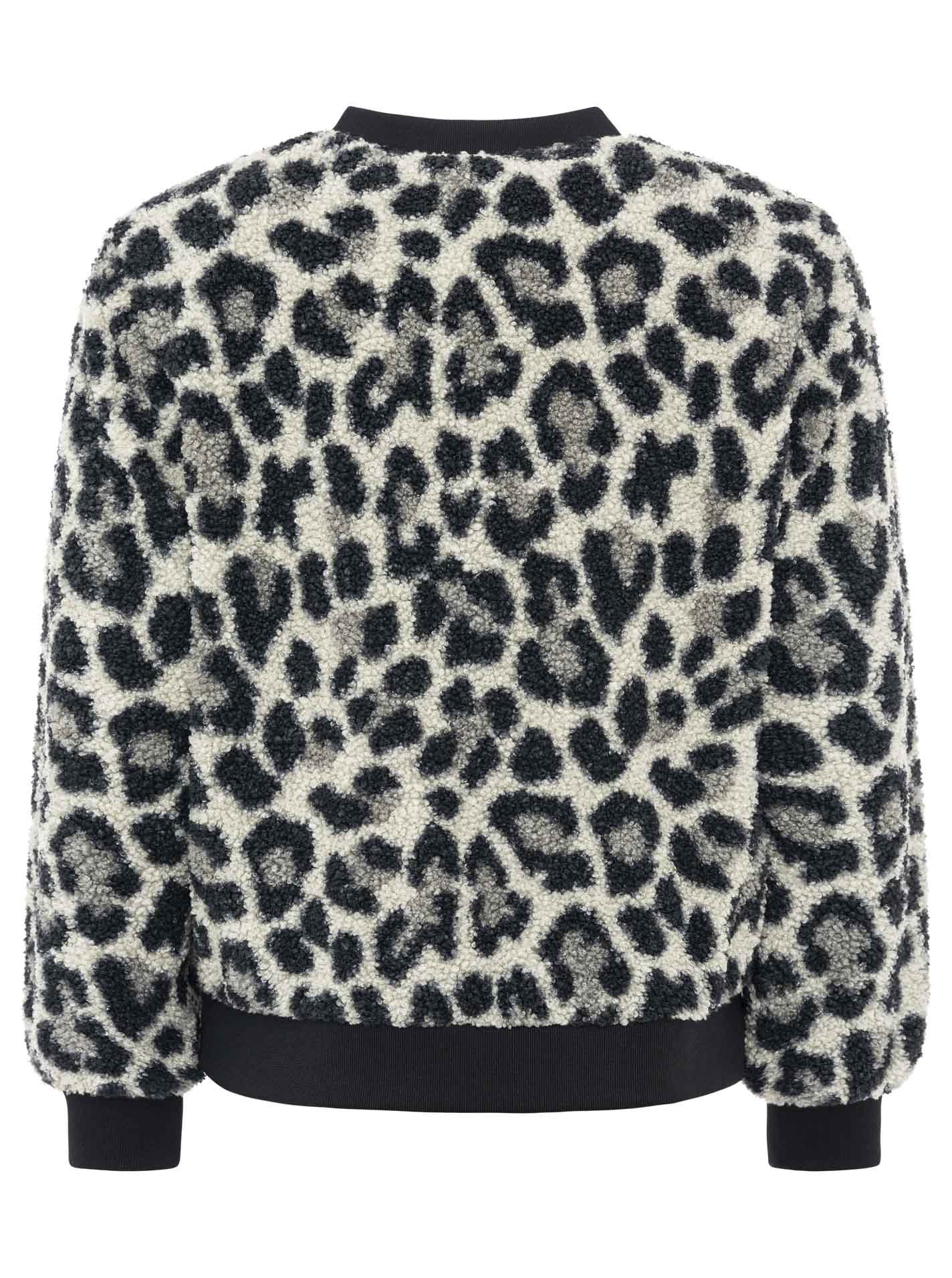 Zwillingsherz Teddy-Bomberjacke Leopard Grau/Schwarz – Rückansicht, Leo-Muster, weiches Teddyfell, gerippte Bündchen.