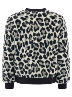 Zwillingsherz Teddy-Bomberjacke Leopard Grau/Schwarz – Rückansicht, Leo-Muster, weiches Teddyfell, gerippte Bündchen.