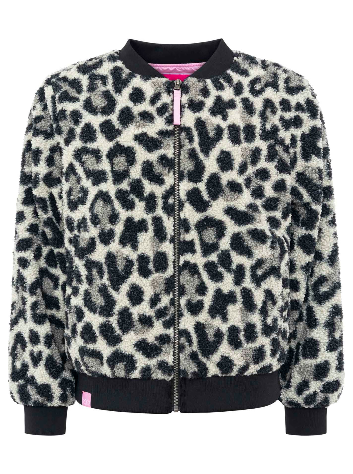 Zwillingsherz Teddy-Bomberjacke Leopard Grau/Schwarz – Frontansicht, weiches Teddyfell, durchgehender Reißverschluss, seitliche Taschen.