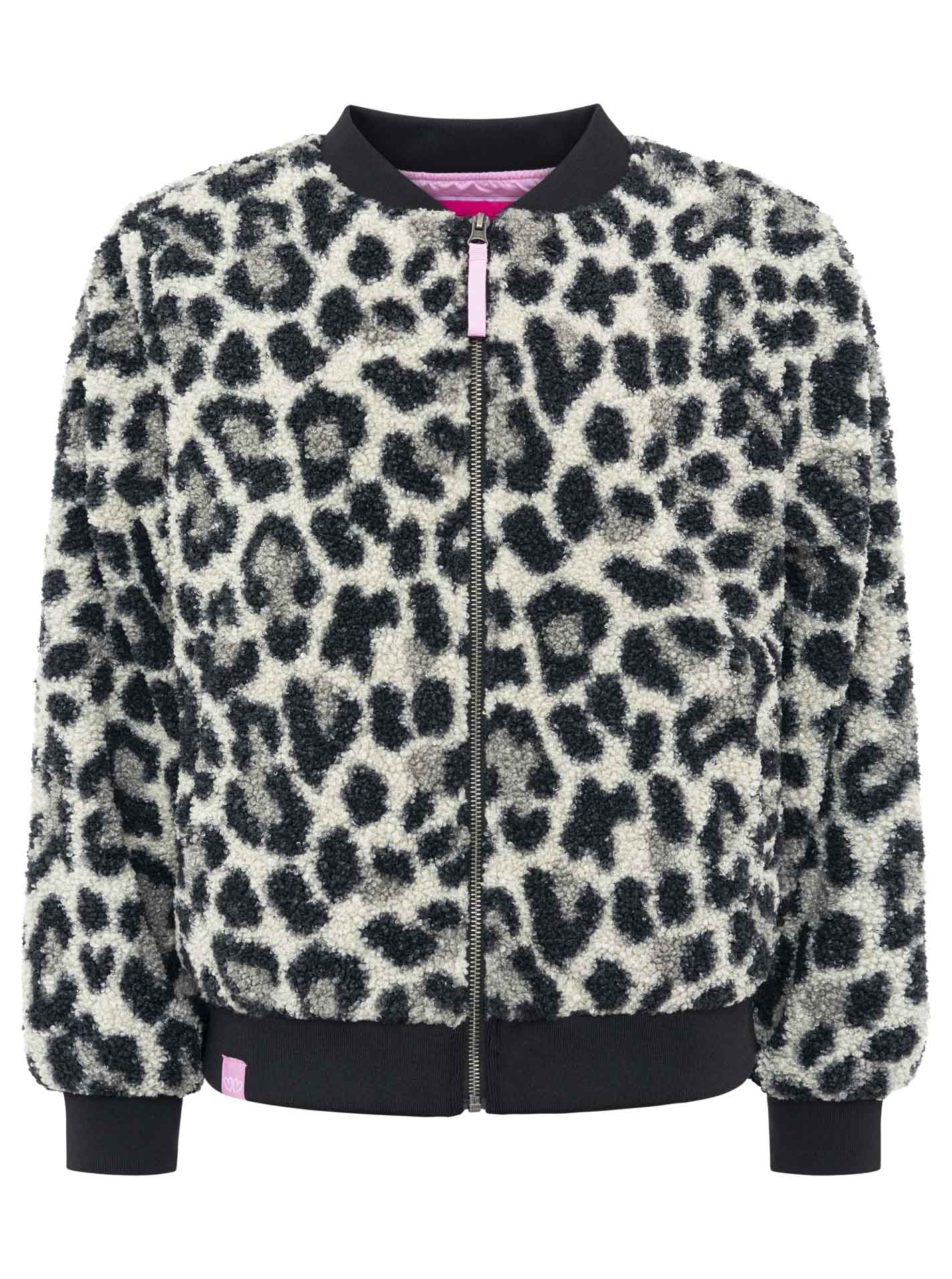 Zwillingsherz Teddy-Bomberjacke Leopard Grau/Schwarz – Frontansicht, weiches Teddyfell, durchgehender Reißverschluss, seitliche Taschen.