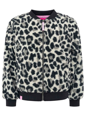 Zwillingsherz Teddy-Bomberjacke Leopard Grau/Schwarz – Frontansicht, weiches Teddyfell, durchgehender Reißverschluss, seitliche Taschen.