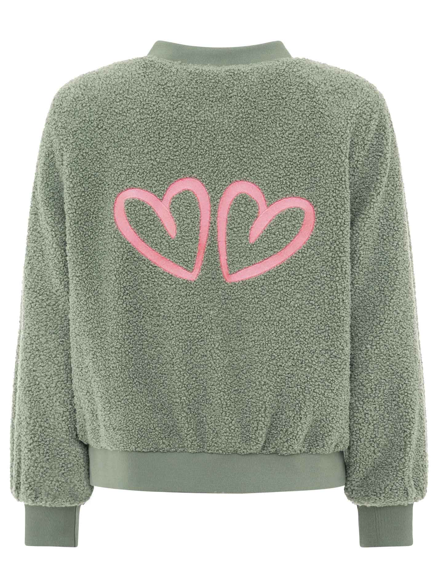 Zwillingsherz Teddy-Bomberjacke „Good Vibes“ Salbei - Rückansicht, weiches Teddy-Material, durchgehender Reißverschluss, seitliche Taschen.