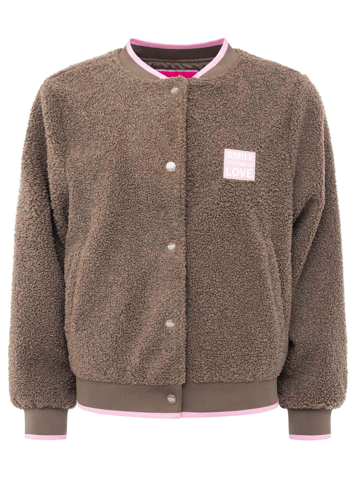 Zwillingsherz Teddy-Bomberjacke „Smile Love“ Braun – Frontansicht, Oversize, weiches Teddy-Material, Knopfleiste, seitliche Taschen.