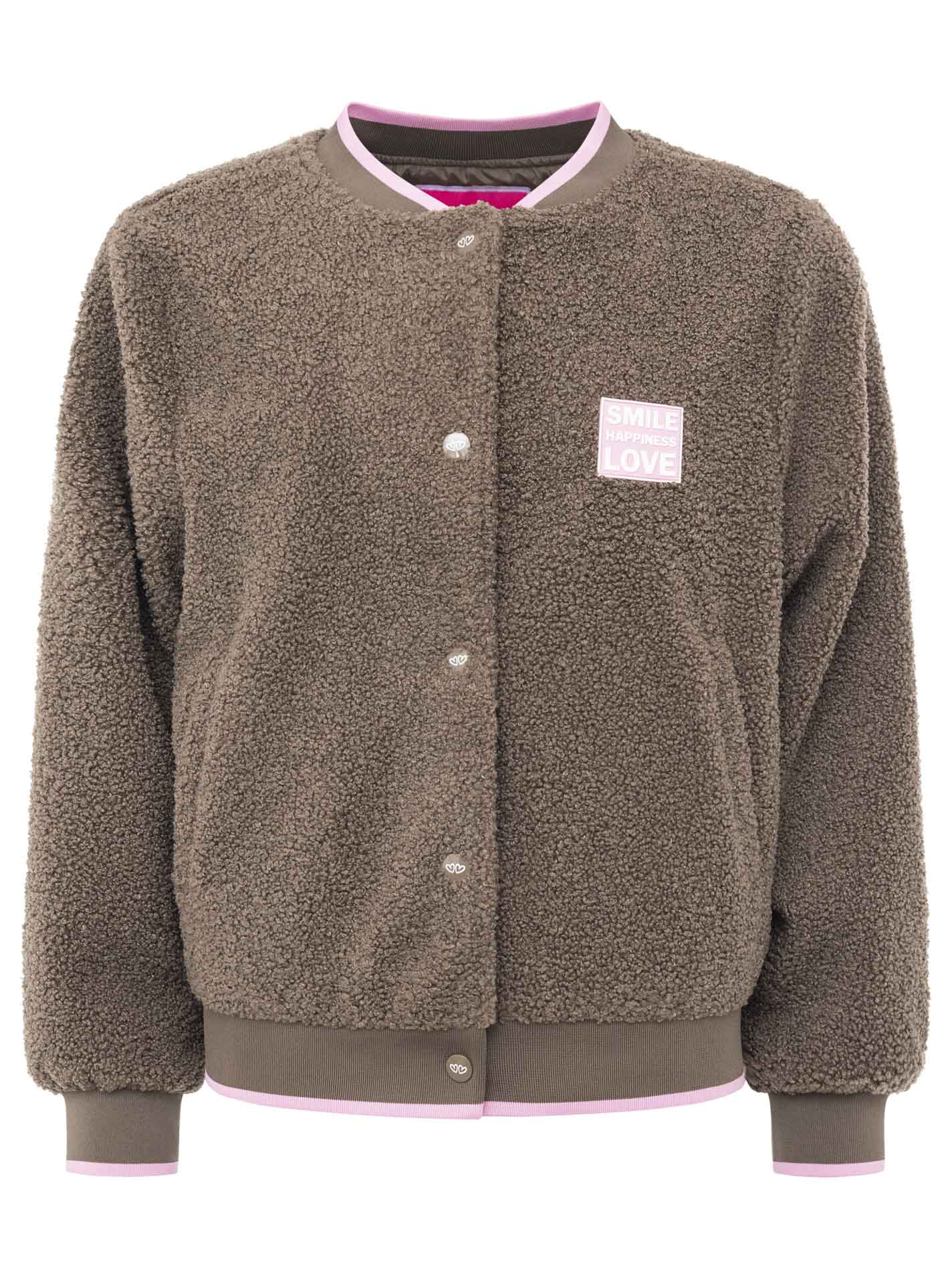 Zwillingsherz Teddy-Bomberjacke „Smile Love“ Braun – Frontansicht, Oversize, weiches Teddy-Material, Knopfleiste, seitliche Taschen.