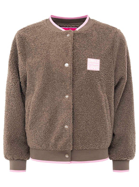 Zwillingsherz Teddy-Bomberjacke „Smile Love“ Braun – Frontansicht, Oversize, weiches Teddy-Material, Knopfleiste, seitliche Taschen.