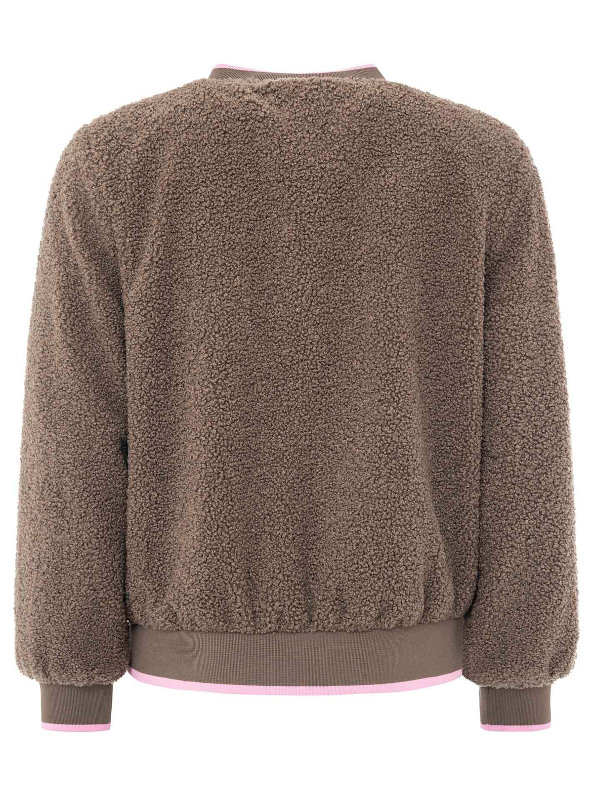 Zwillingsherz Teddy-Bomberjacke „Smile Love“ Braun – Rückansicht, Oversize, weiches Teddy-Material, Knopfleiste, seitliche Taschen