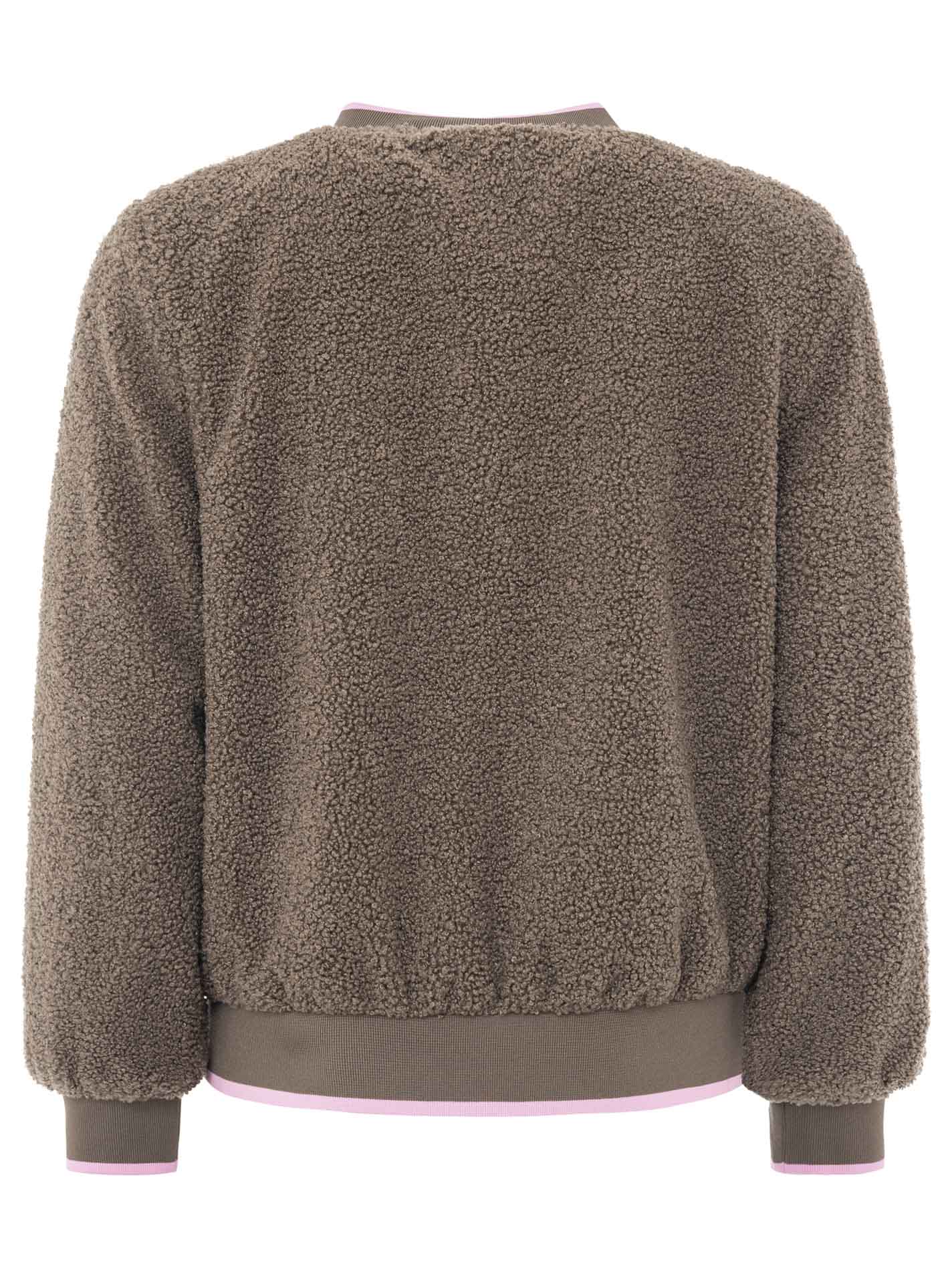 Zwillingsherz Teddy-Bomberjacke „Smile Love“ Braun – Rückansicht, Oversize, weiches Teddy-Material, Knopfleiste, seitliche Taschen