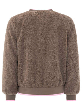 Zwillingsherz Teddy-Bomberjacke „Smile Love“ Braun – Rückansicht, Oversize, weiches Teddy-Material, Knopfleiste, seitliche Taschen