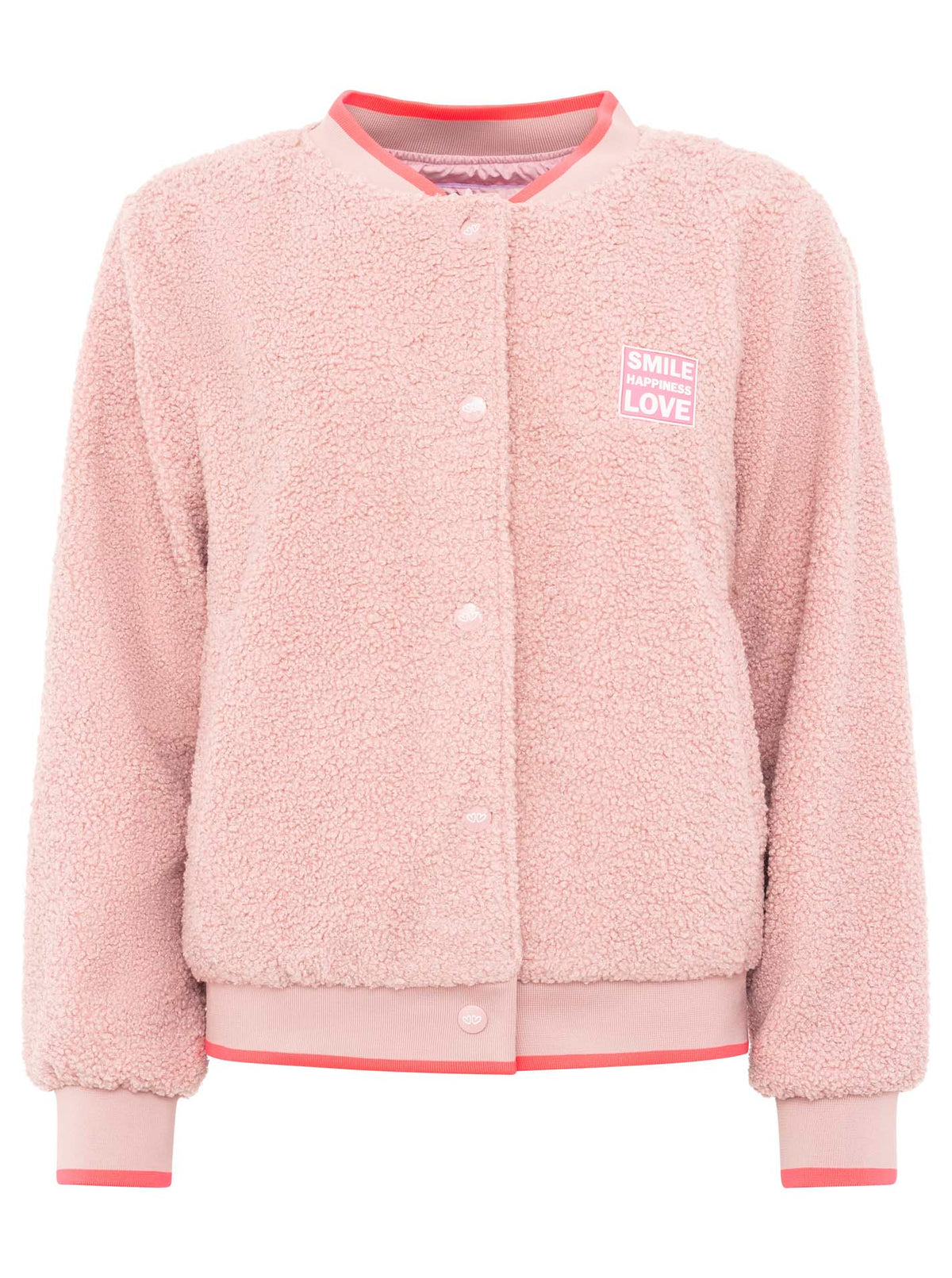 Zwillingsherz Teddy-Bomberjacke „Smile Love“ Rosa – Frontansicht, Oversize, weiches Teddy-Material, Knopfleiste, seitliche Taschen.