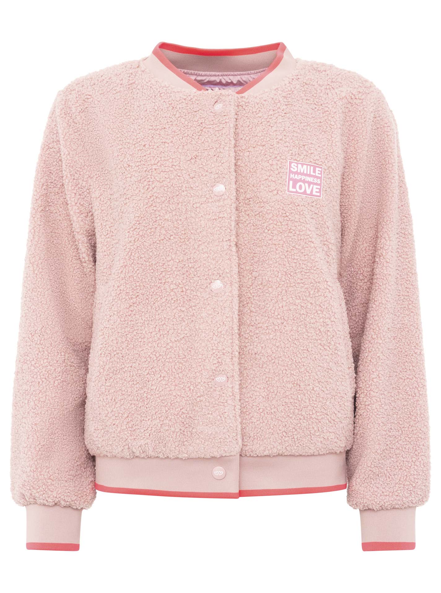 Zwillingsherz Teddy-Bomberjacke „Smile Love“ Rosa – Frontansicht, Oversize, weiches Teddy-Material, Knopfleiste, seitliche Taschen.