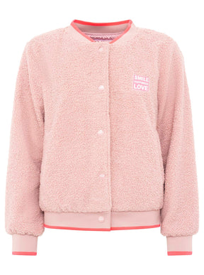 Zwillingsherz Teddy-Bomberjacke „Smile Love“ Rosa – Frontansicht, Oversize, weiches Teddy-Material, Knopfleiste, seitliche Taschen.