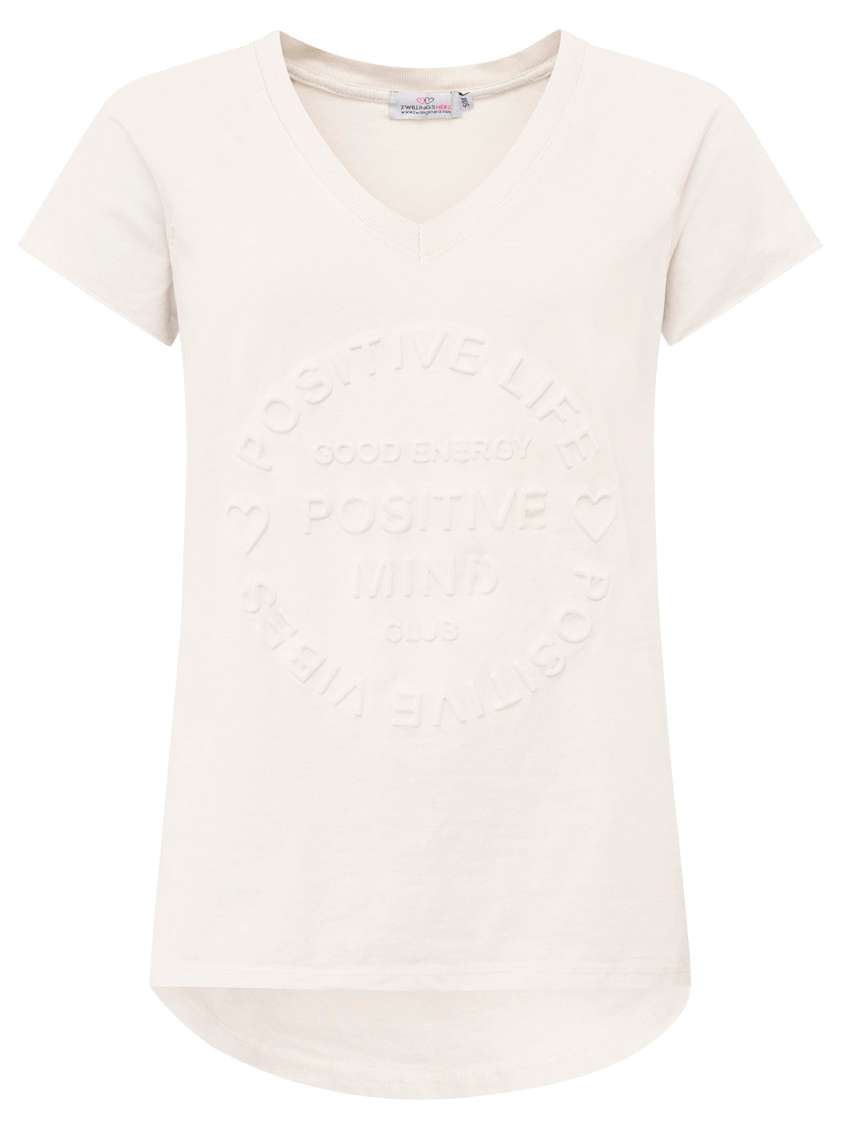 Zwillingsherz -  Oversized T-Shirt "Positive Mind" V-Ausschnitt - Beige