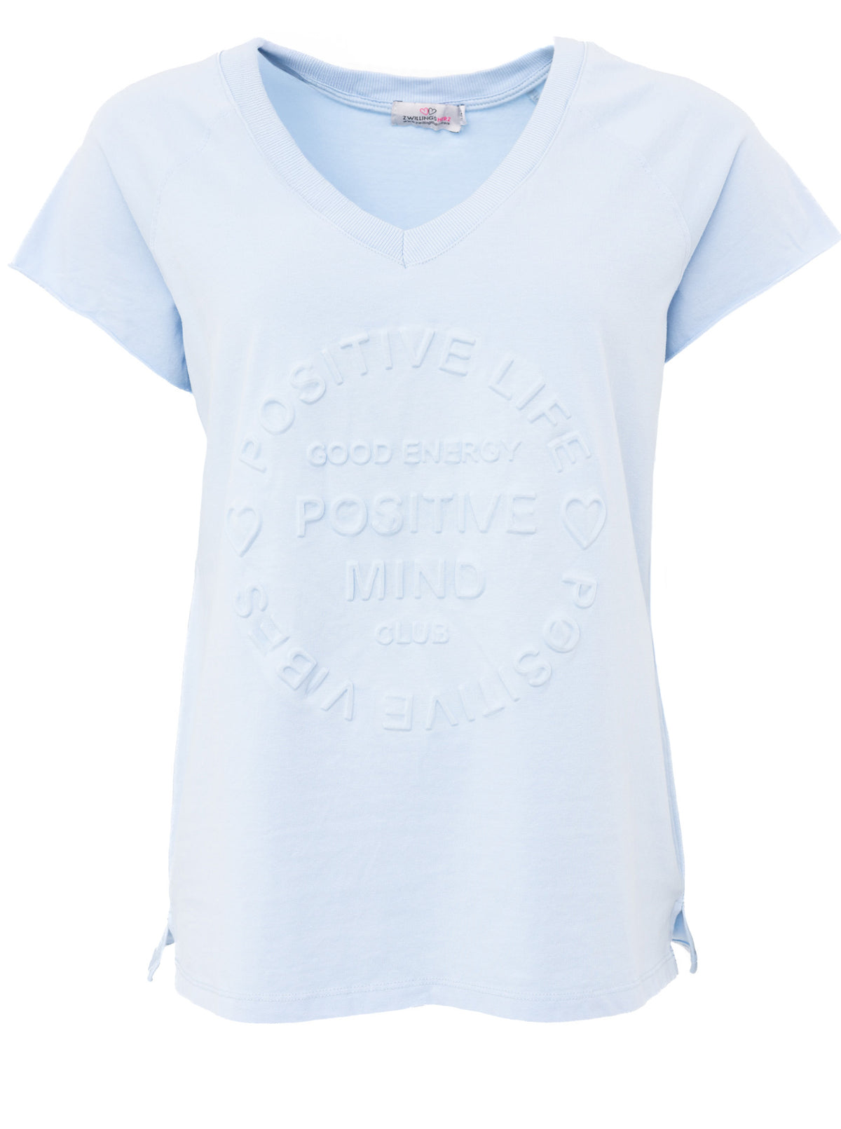 Zwillingsherz -  Oversized T-Shirt "Positive Mind" V-Ausschnitt - Hellblau