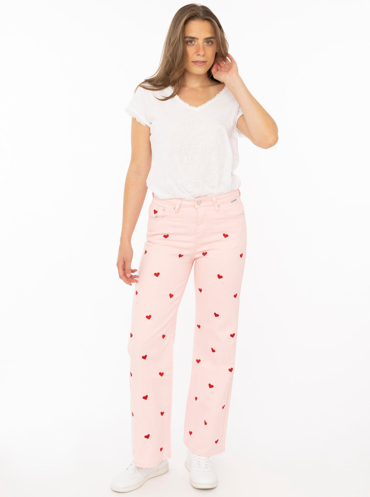 Zwillingsherz Weite Jeans mit Stick HEARTS Pink – Ansicht 1