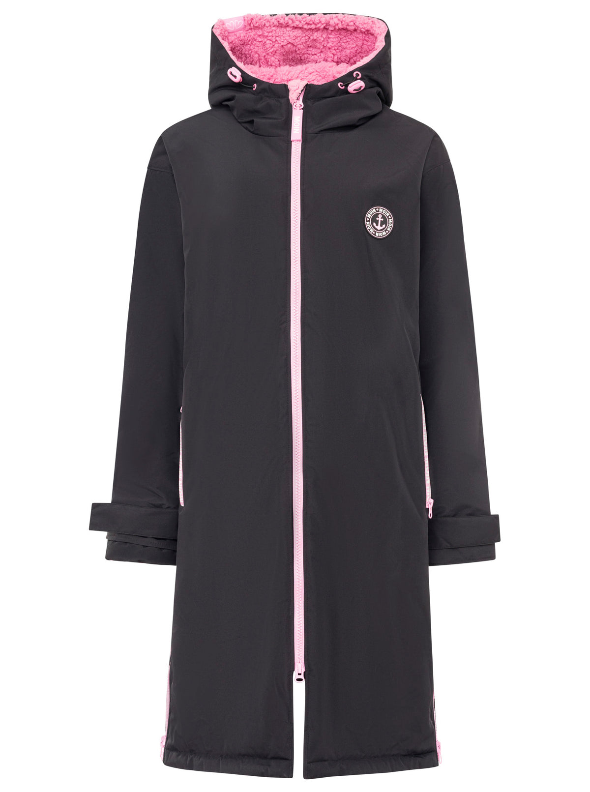 Zwillingsherz Oversize Windjacke in Schwarz-Pink – Vorderansicht, flauschige Kapuze, sportlicher Schnitt, perfekt für kühle Tage