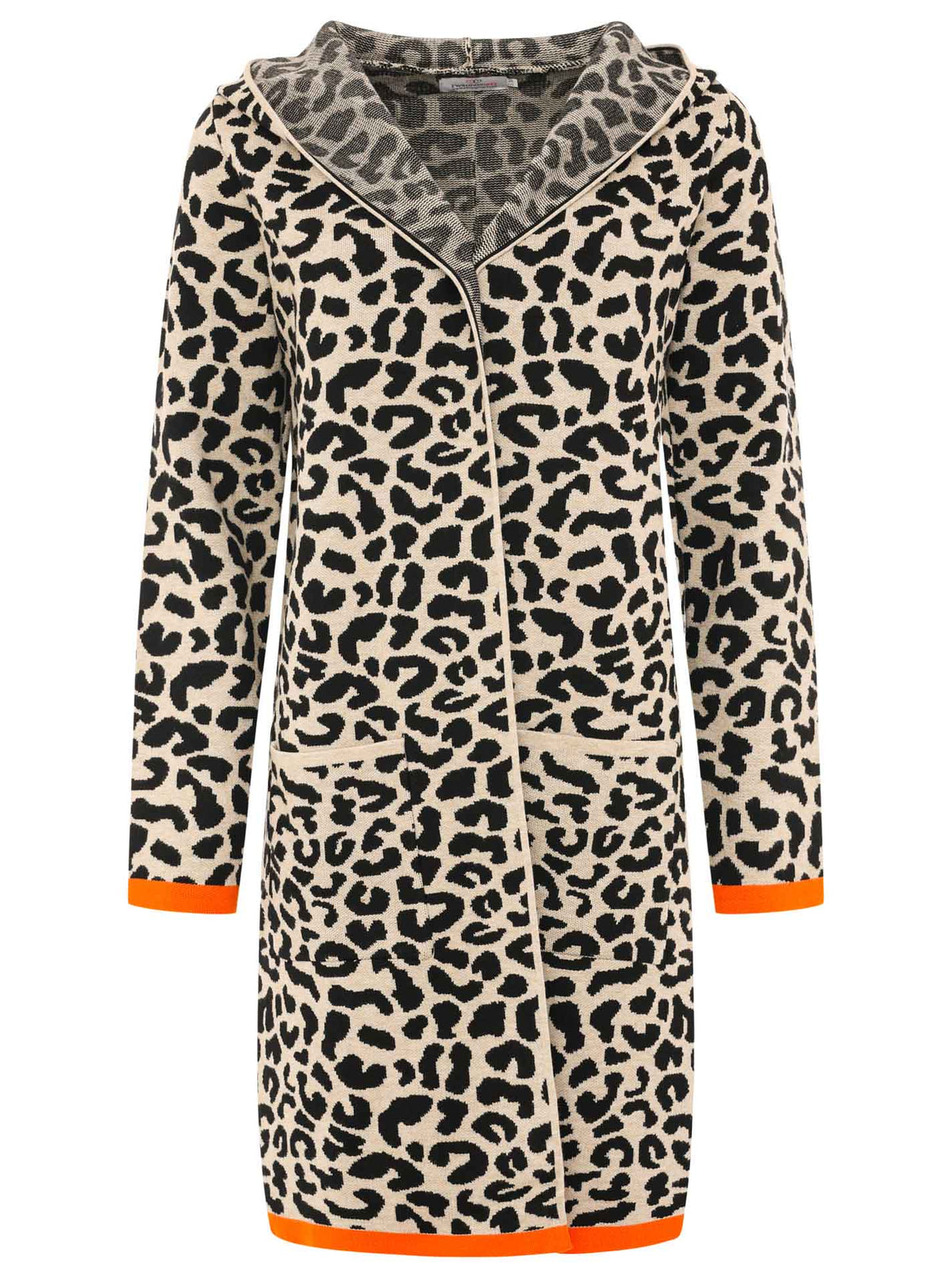 Zwillingsherz Strickjacke mit Kapuze Leo/Leopard - Schwarz/Beige/Orange