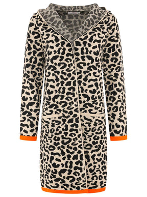 Zwillingsherz Strickjacke mit Kapuze Leo/Leopard - Schwarz/Beige/Orange