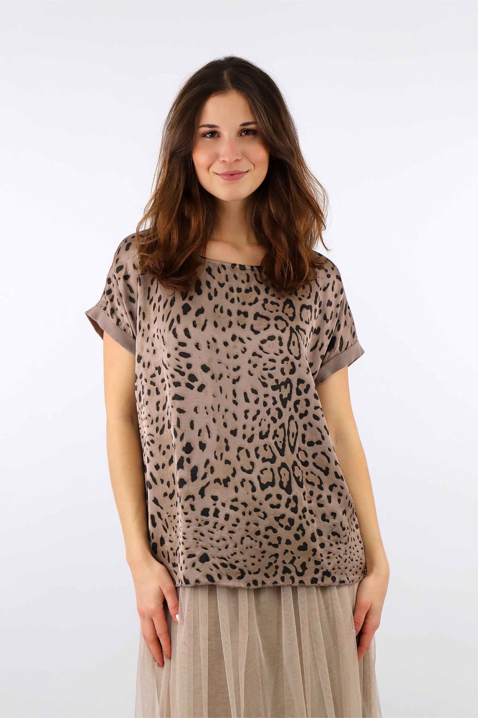 Seiden-Shirt mit Leo Print - Taupe