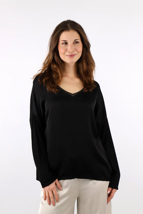 Seidenshirt mit V-Ausschnitt - Schwarz