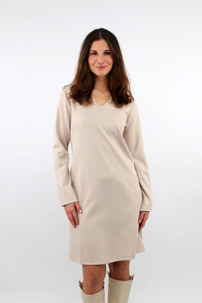 Einfarbiges Kleid mit V-Ausschnitt - Beige