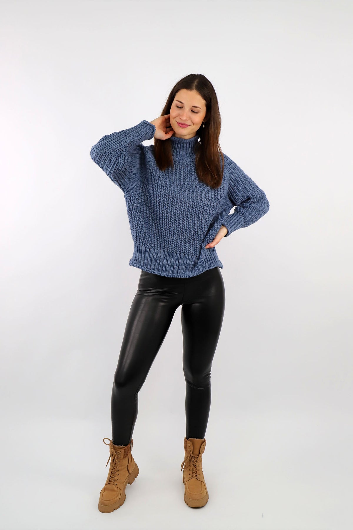 Pullover Stehkragen Grobstrick - Blau