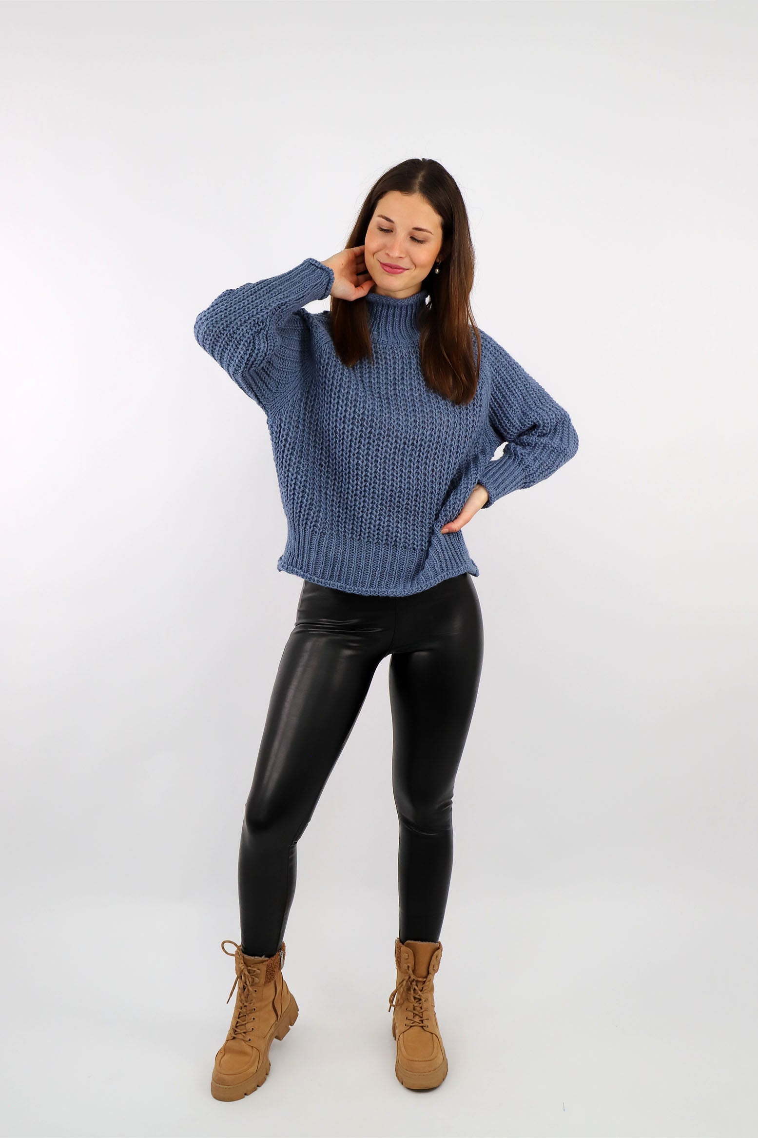 Pullover Stehkragen Grobstrick - Blau