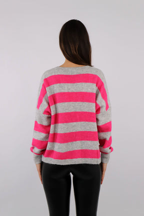Strick Cardigan Streifenoptik - Grau/Pink