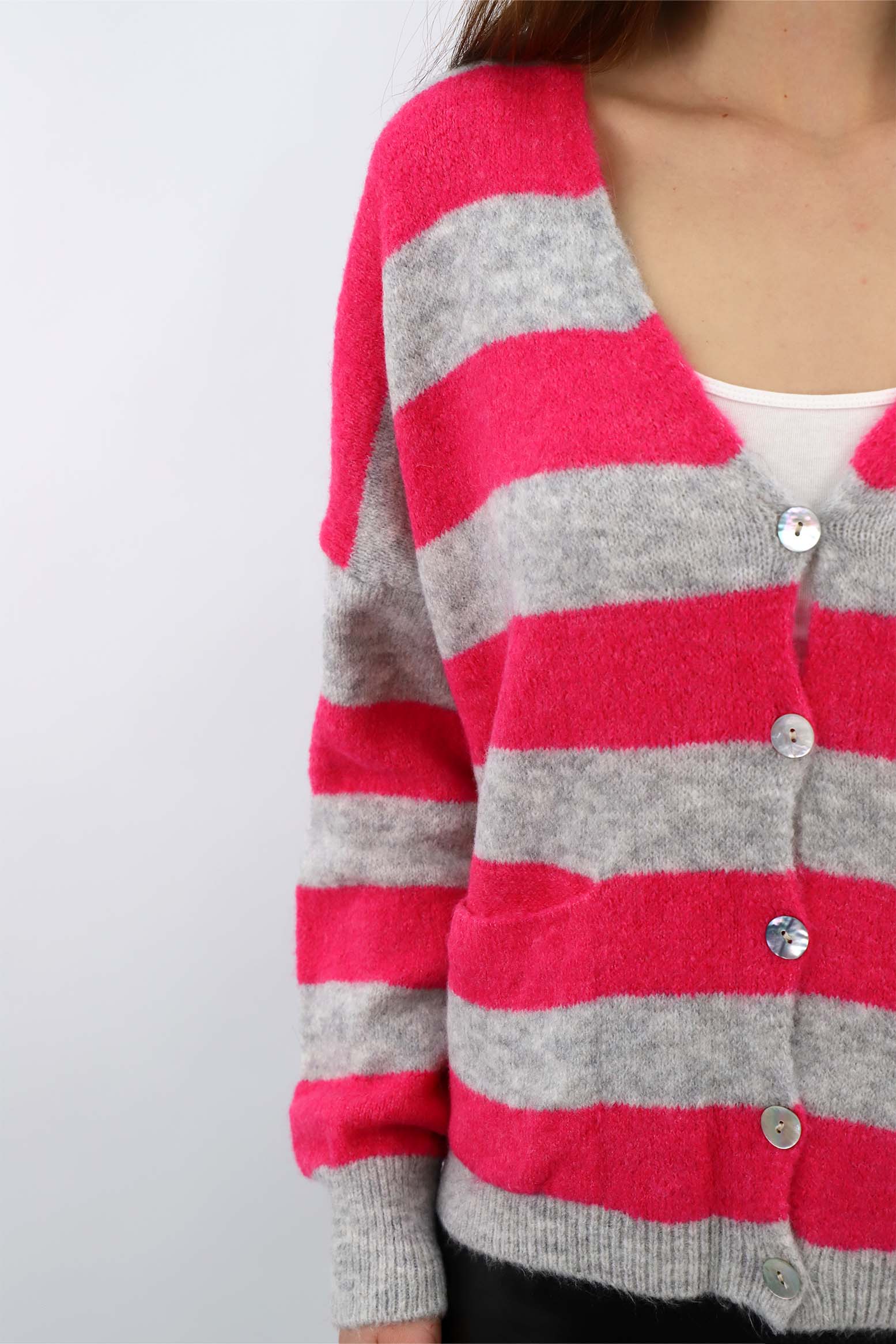 Strick Cardigan Streifenoptik - Grau/Pink