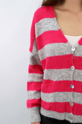 Strick Cardigan Streifenoptik - Grau/Pink