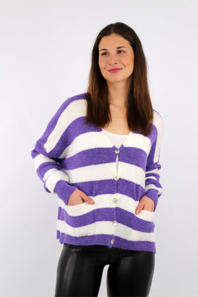 Strick Cardigan Streifenoptik - Lila/Weiß