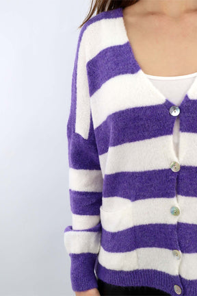 Strick Cardigan Streifenoptik - Lila/Weiß
