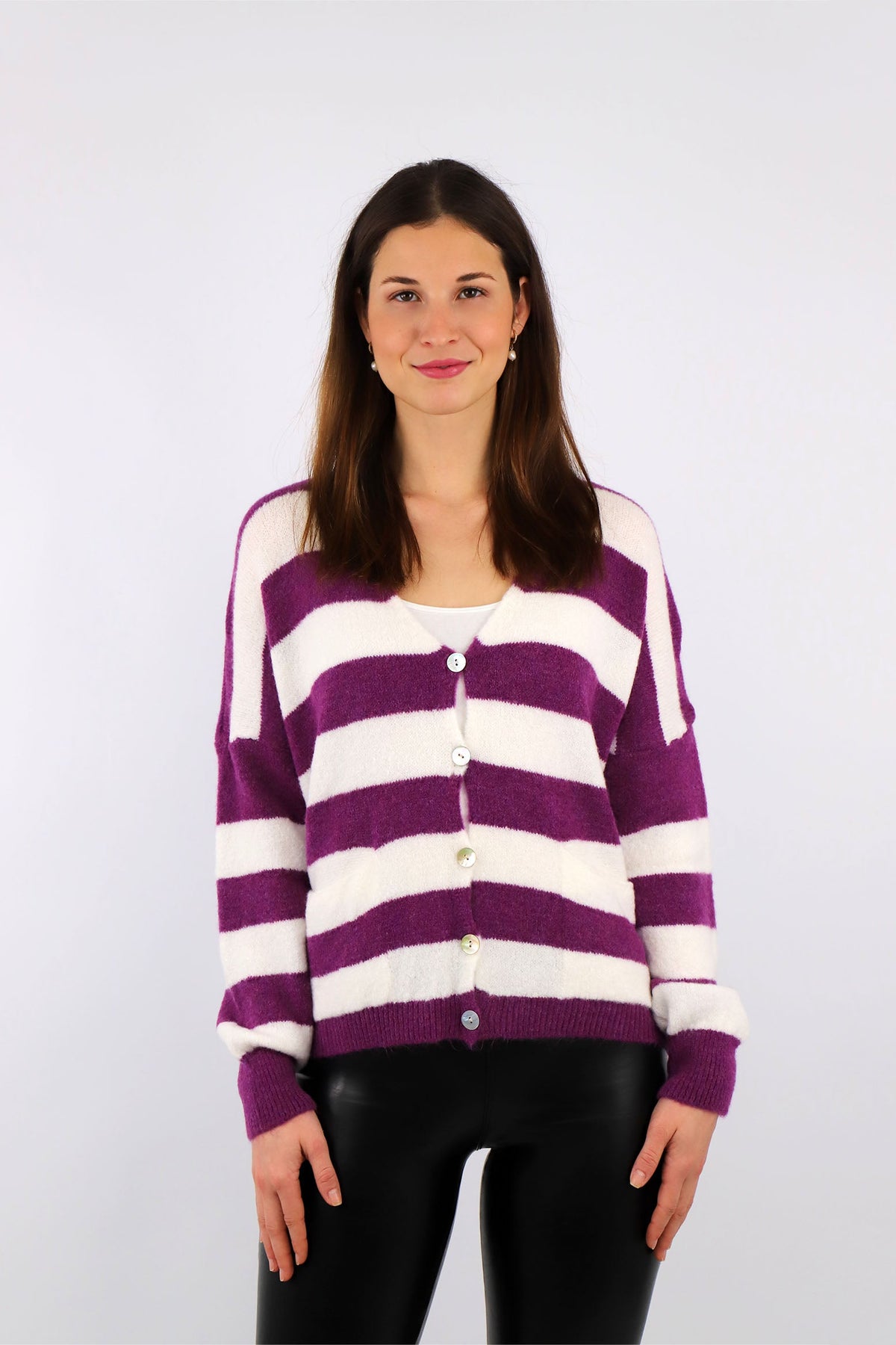 Strick Cardigan Streifenoptik - Beere/Weiß