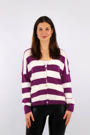 Strick Cardigan Streifenoptik - Beere/Weiß