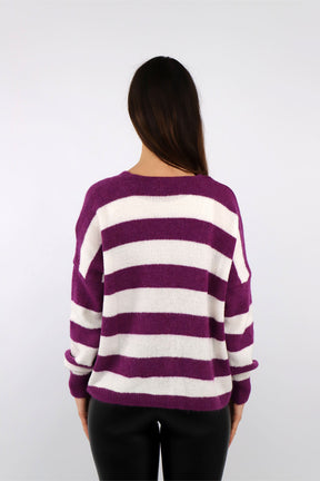 Strick Cardigan Streifenoptik - Beere/Weiß