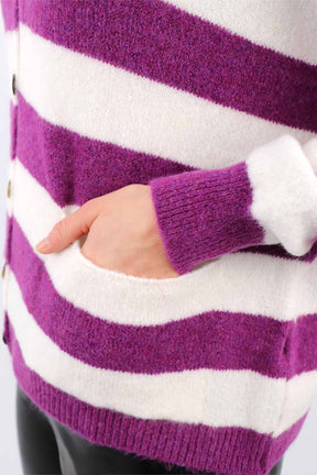 Strick Cardigan Streifenoptik - Beere/Weiß