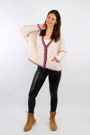 Strickjacke mit Kontrast-Rand und Knöpfen - Beige/Beere