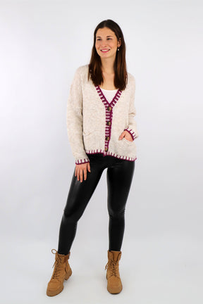 Strickjacke mit Kontrast-Rand und Knöpfen - Beige/Beere